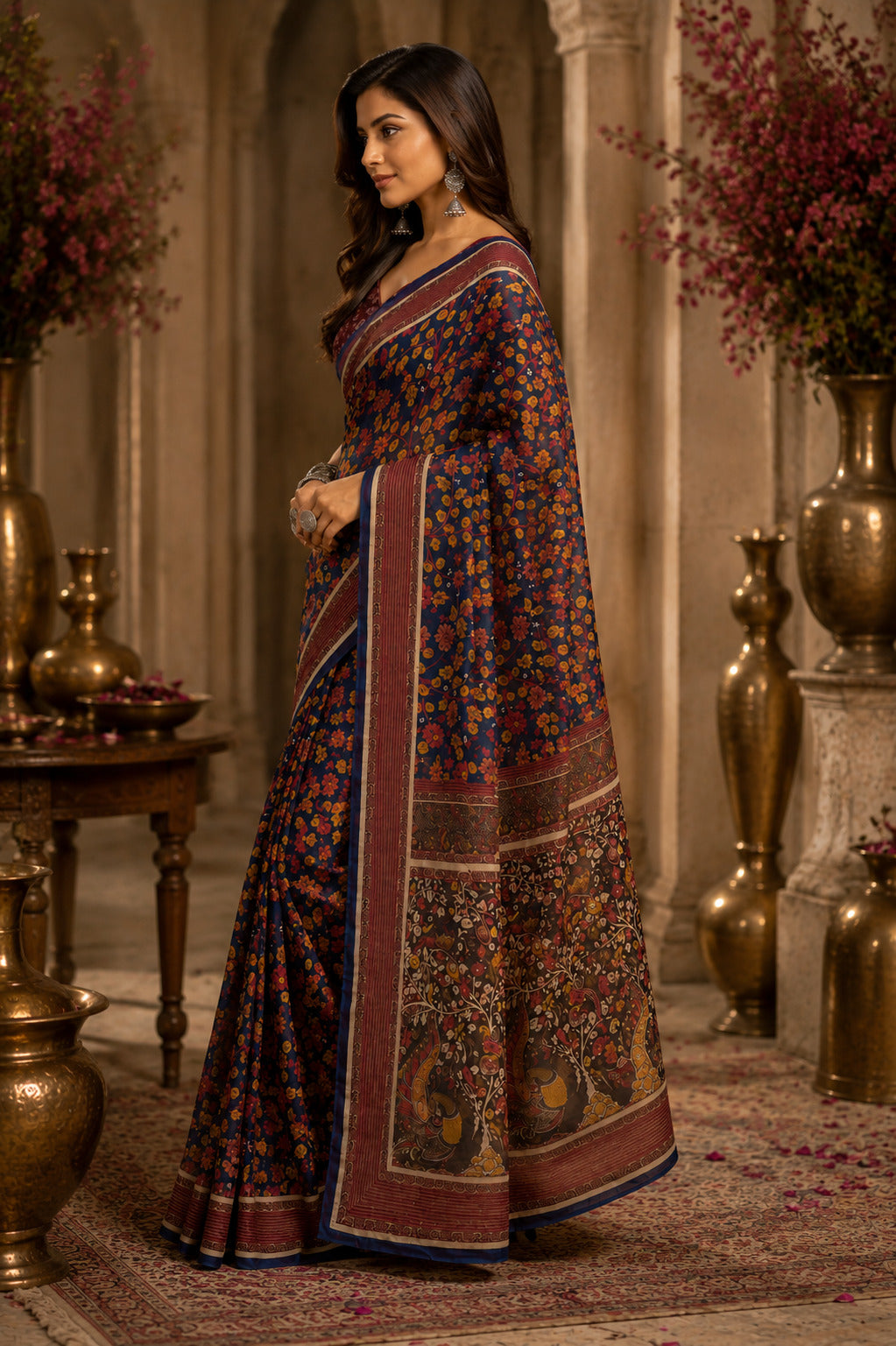 Teal Blue Printed Chanderi Cotton Ready to Wear Saree