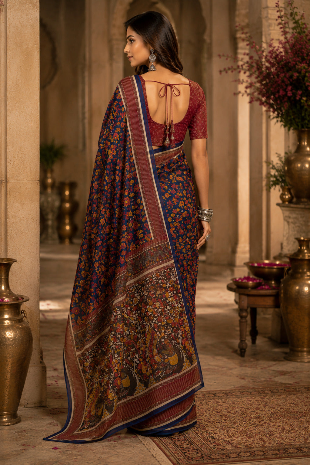 Teal Blue Printed Chanderi Cotton Ready to Wear Saree