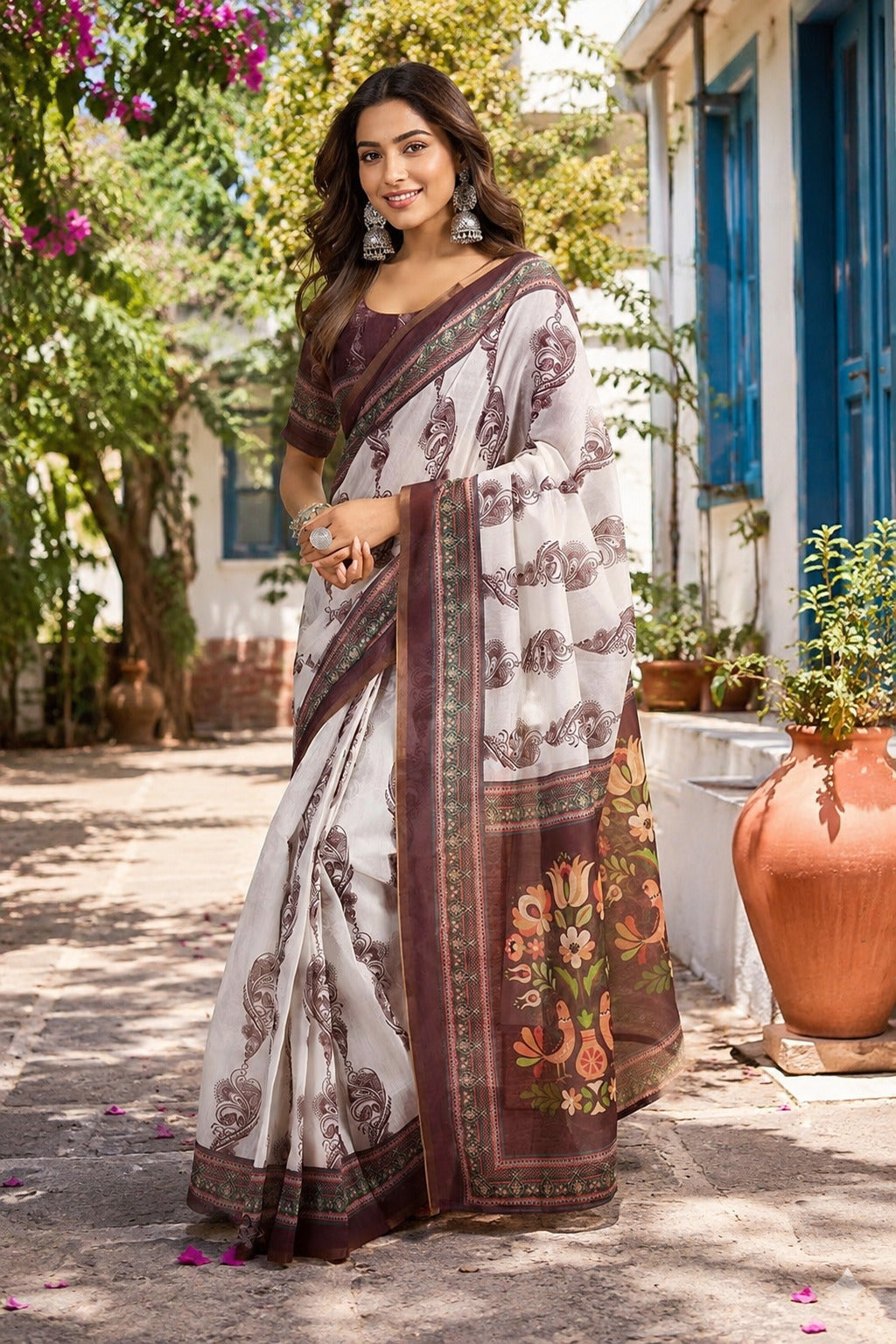 Elegant white printed Chanderi cotton ready-to-wear saree with matching blouse piece