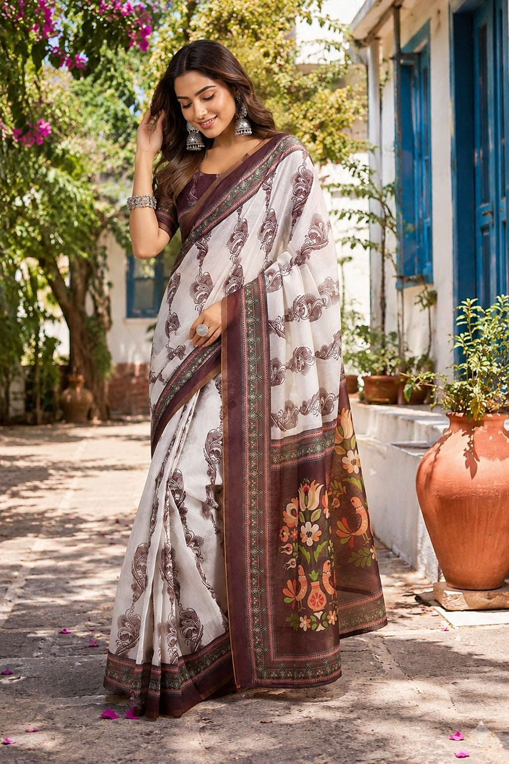 White Printed Chanderi Cotton Ready-to-Wear Party Saree