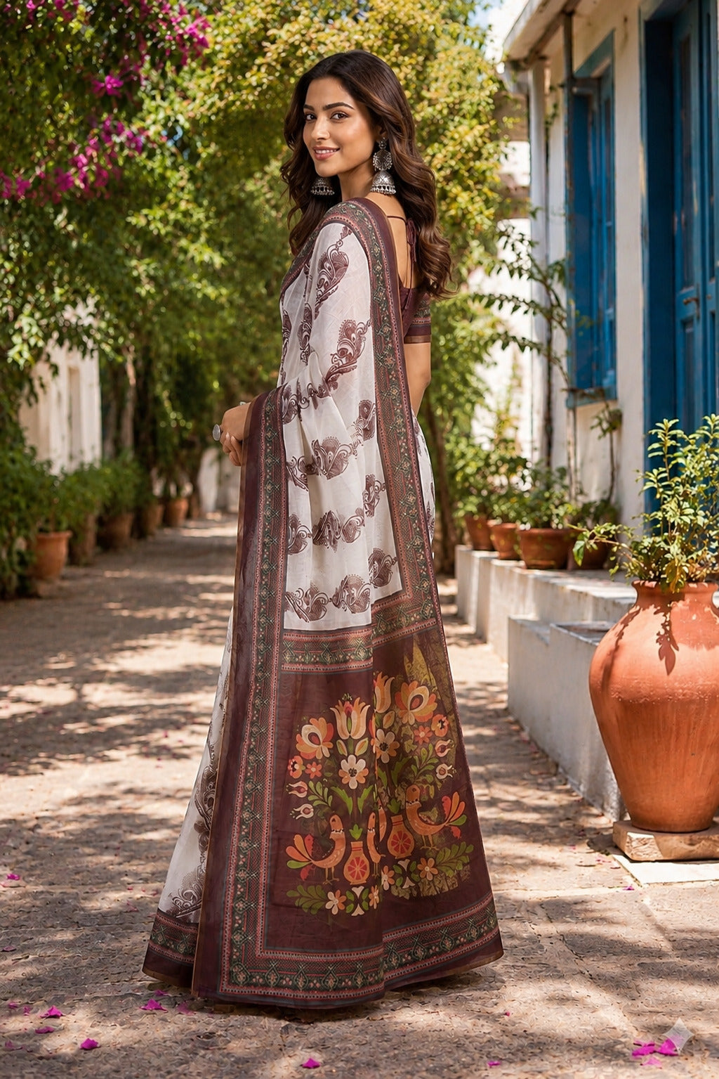 White Printed Chanderi Cotton Ready-to-Wear Party Saree