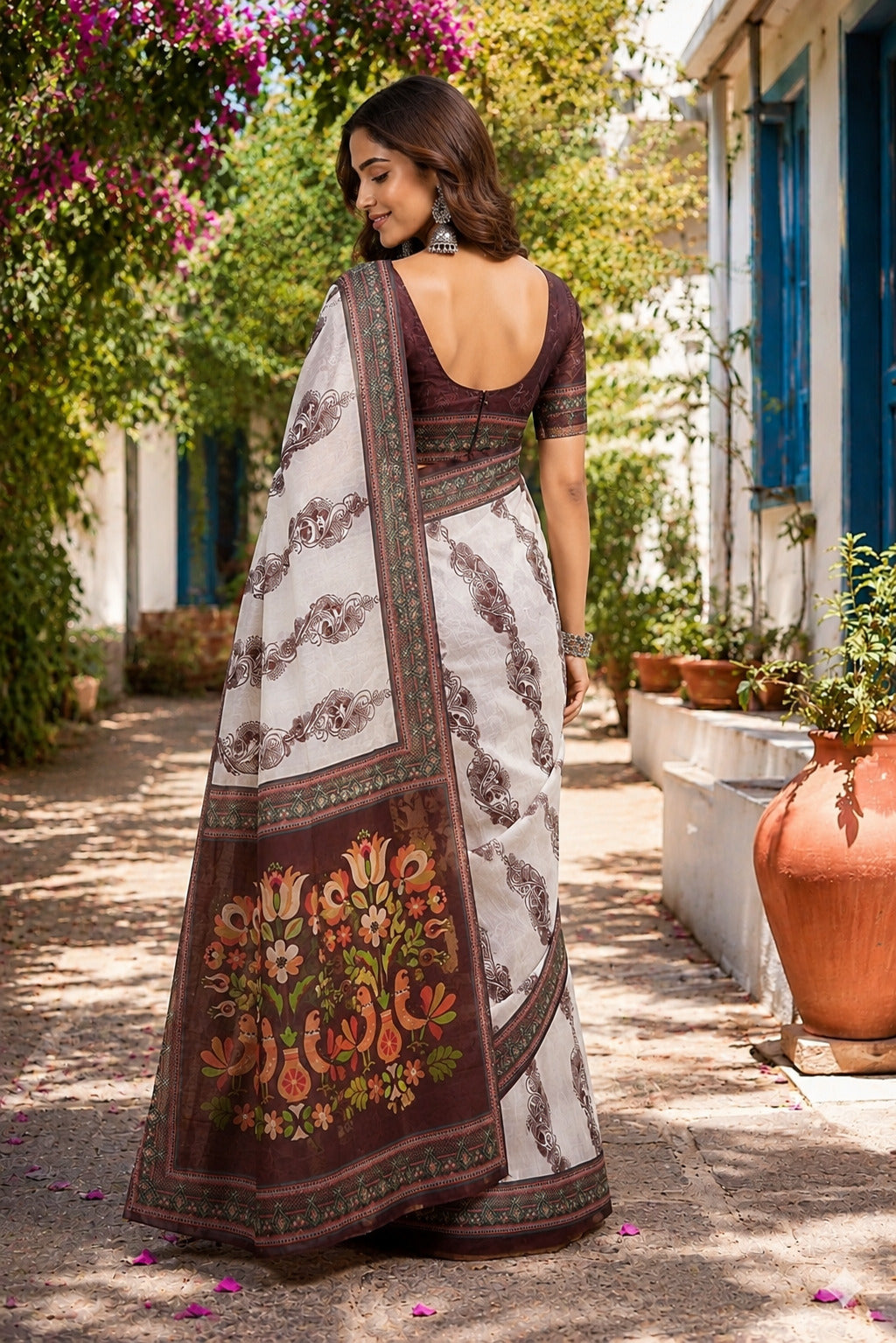 White Printed Chanderi Cotton Ready-to-Wear Party Saree