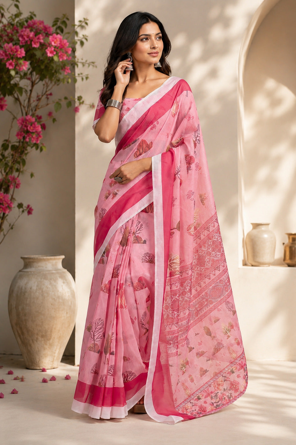 Pink printed ready-to-wear Chanderi Cotton saree with unstitched blouse piece