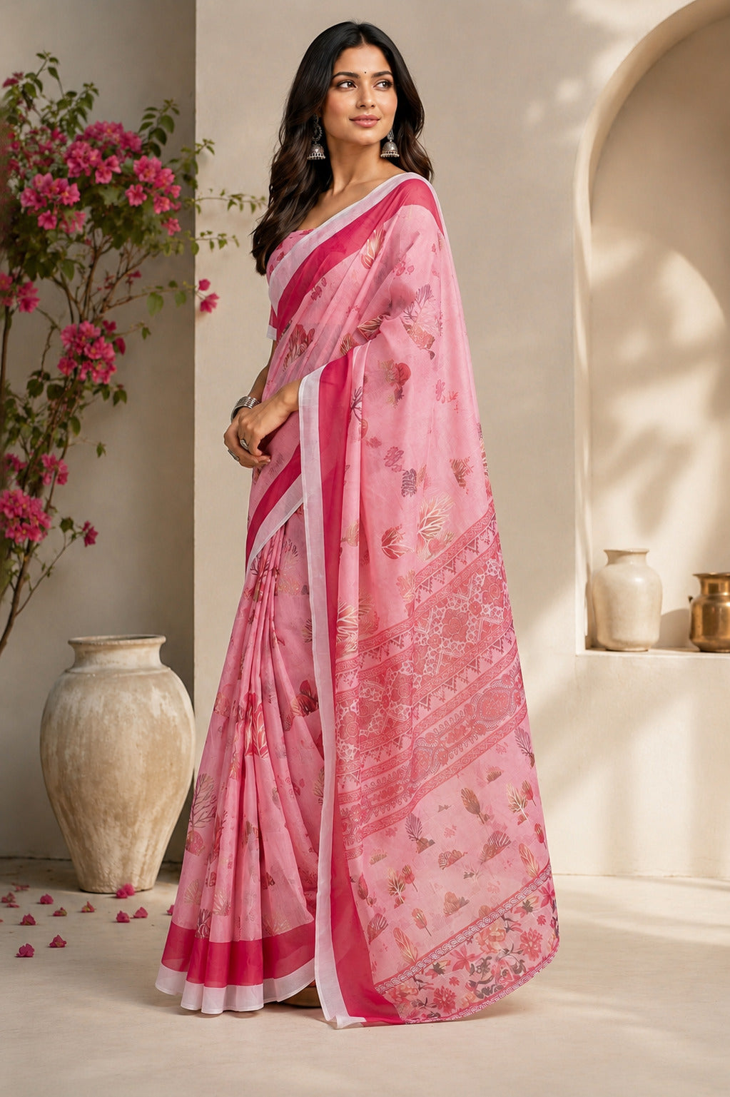 Pink Printed Ready-to-Wear Saree with Unstitched Blouse Piece