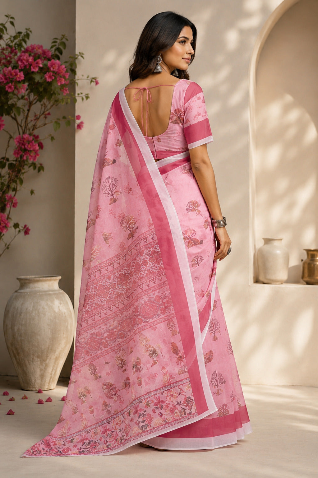 Pink Printed Ready-to-Wear Saree with Unstitched Blouse Piece