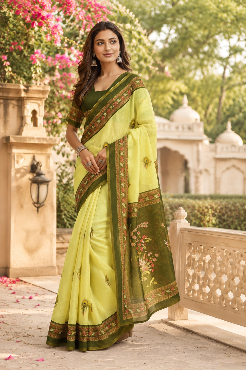 Mint Green printed ready to wear saree with unstitched blouse piece