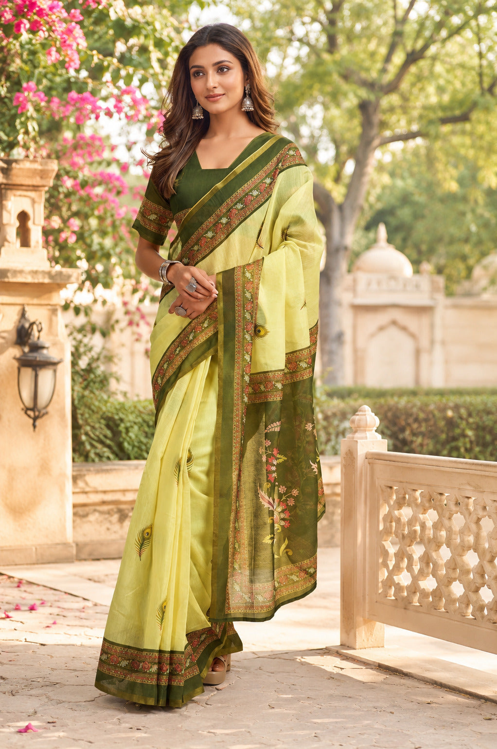 Mint Green Printed Ready To Wear Saree with Unstitched Blouse