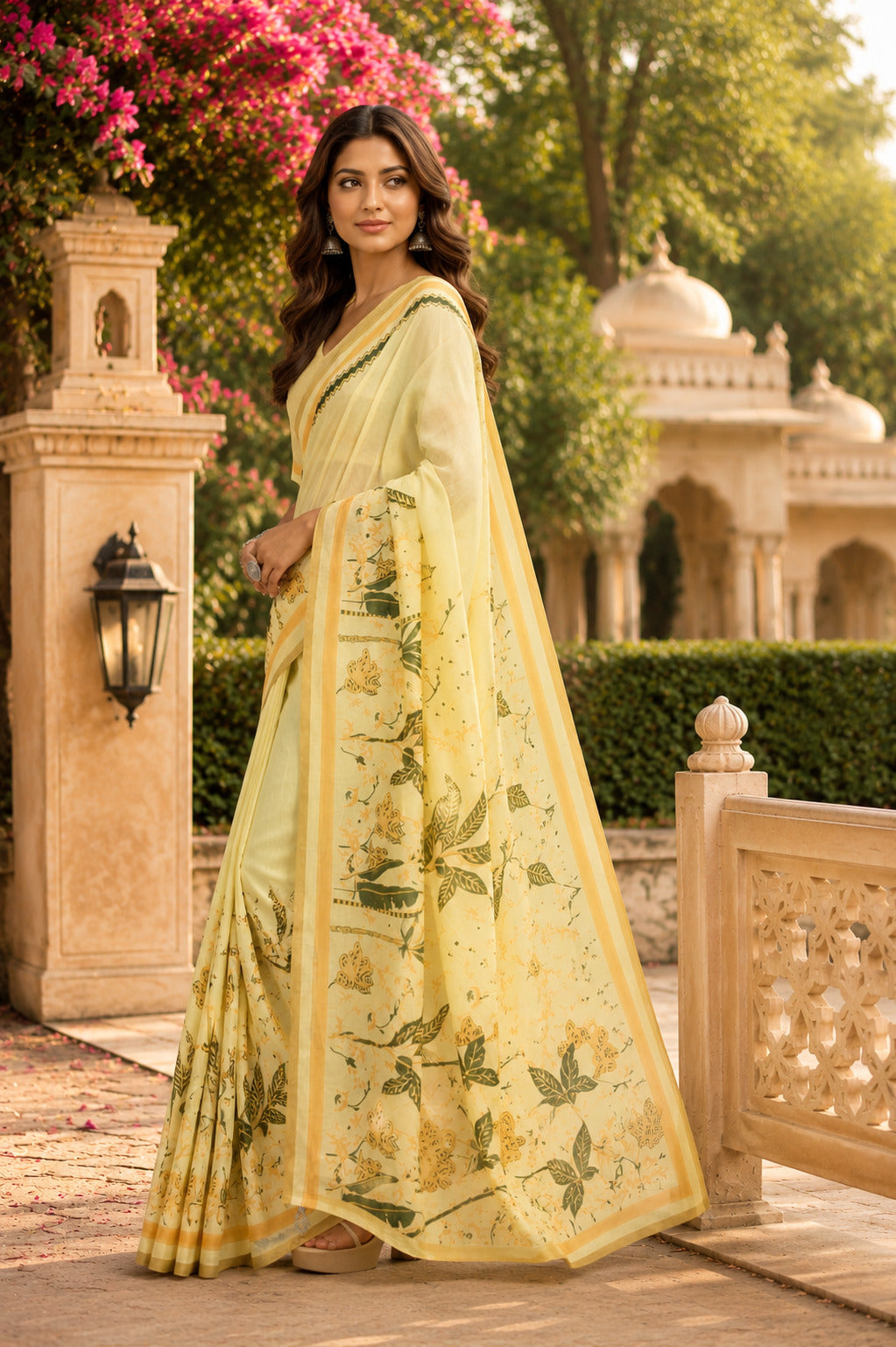 Yellow Printed Chanderi Cotton Ready-to-Wear Saree with Blouse