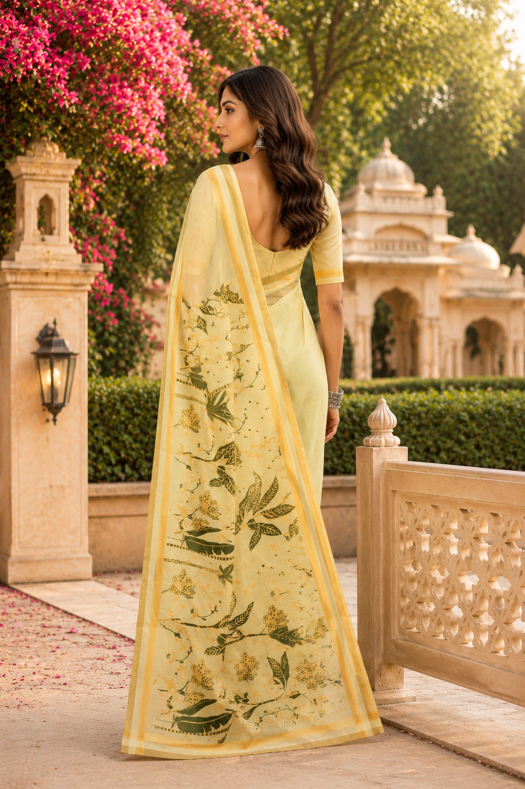 Yellow Printed Chanderi Cotton Ready-to-Wear Saree with Blouse