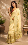 Lemon yellow printed ready to wear chanderi cotton saree