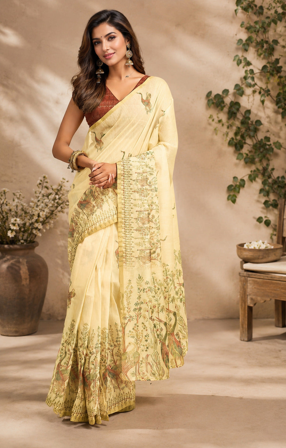 Lemon Yellow Printed Ready to Wear Chanderi Cotton Saree
