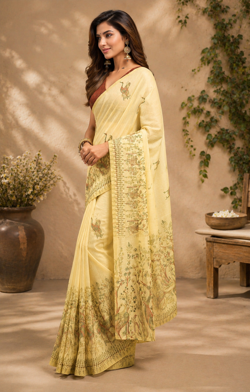 Lemon Yellow Printed Ready to Wear Chanderi Cotton Saree