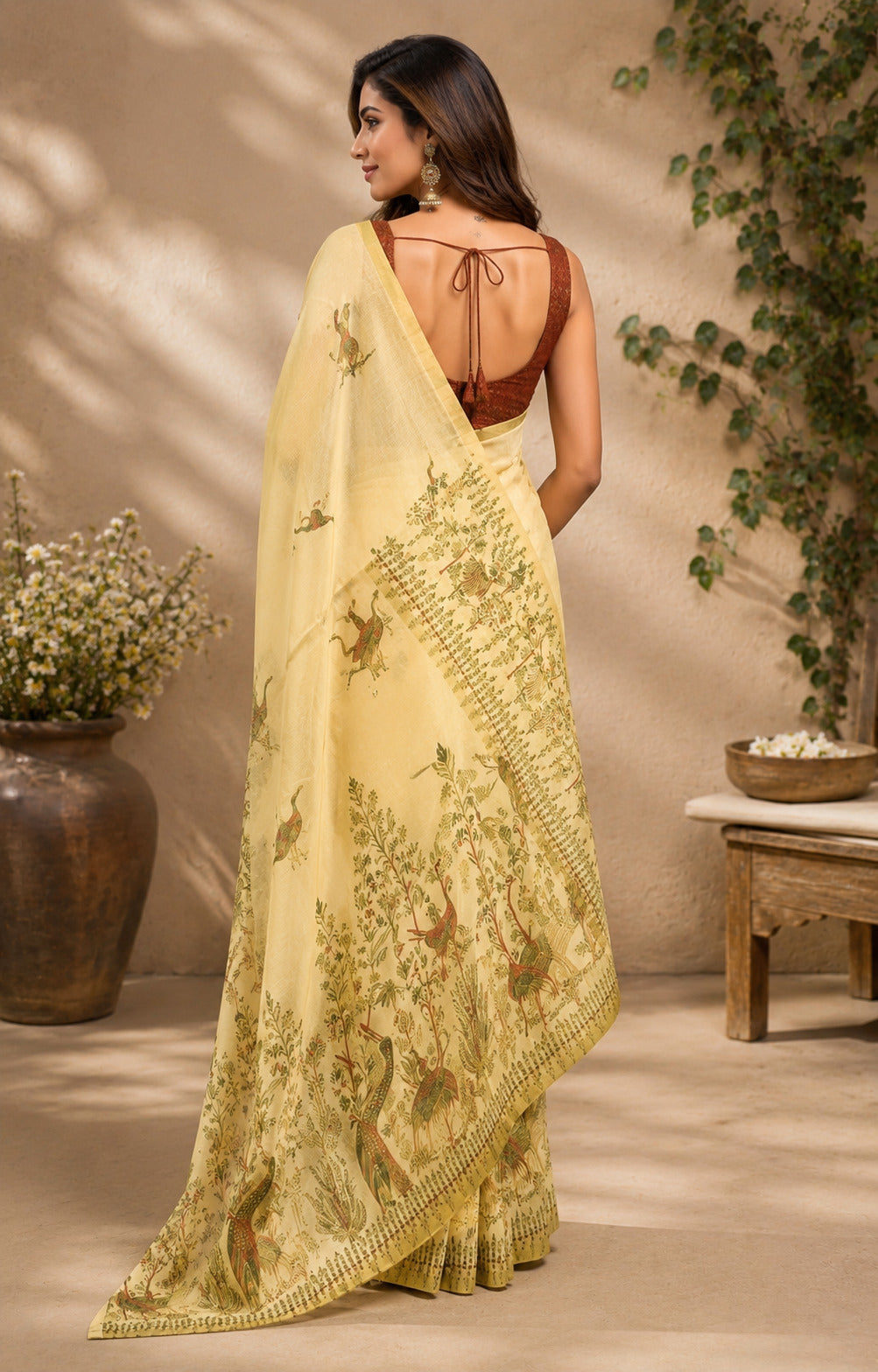 Lemon Yellow Printed Ready to Wear Chanderi Cotton Saree