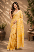 Yellow printed ready-to-wear Chanderi Cotton saree set