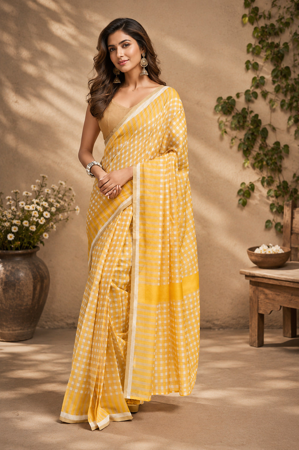 Yellow Printed Ready-to-Wear Chanderi Cotton Saree with Blouse