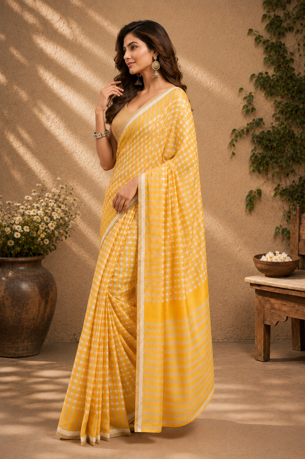 Yellow Printed Ready-to-Wear Chanderi Cotton Saree with Blouse