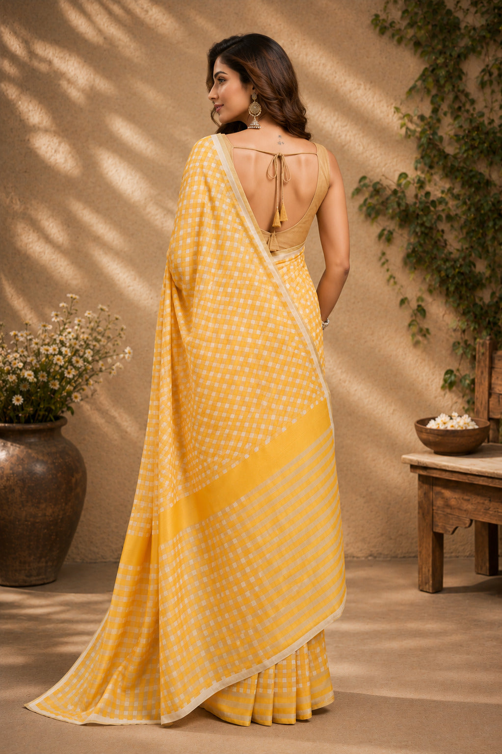 Yellow Printed Ready-to-Wear Chanderi Cotton Saree with Blouse