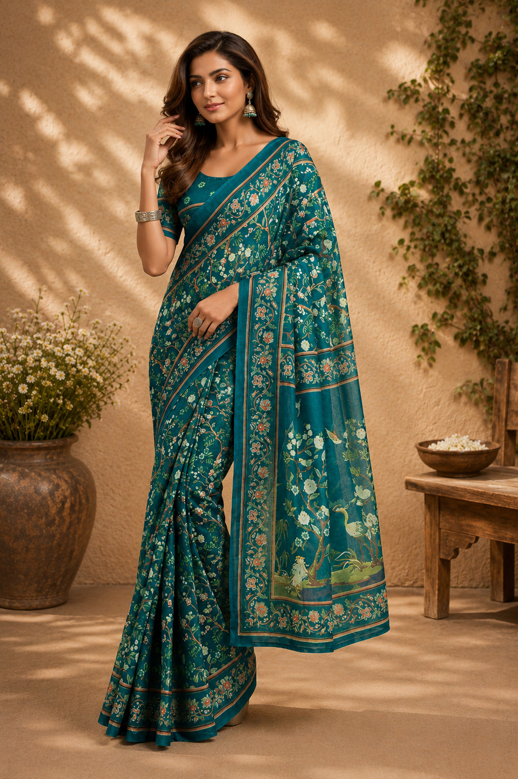 Teal blue printed Chanderi Cotton ready-to-wear saree with matching blouse