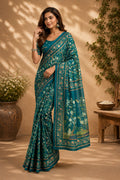 Teal blue printed Chanderi Cotton ready-to-wear saree with matching blouse