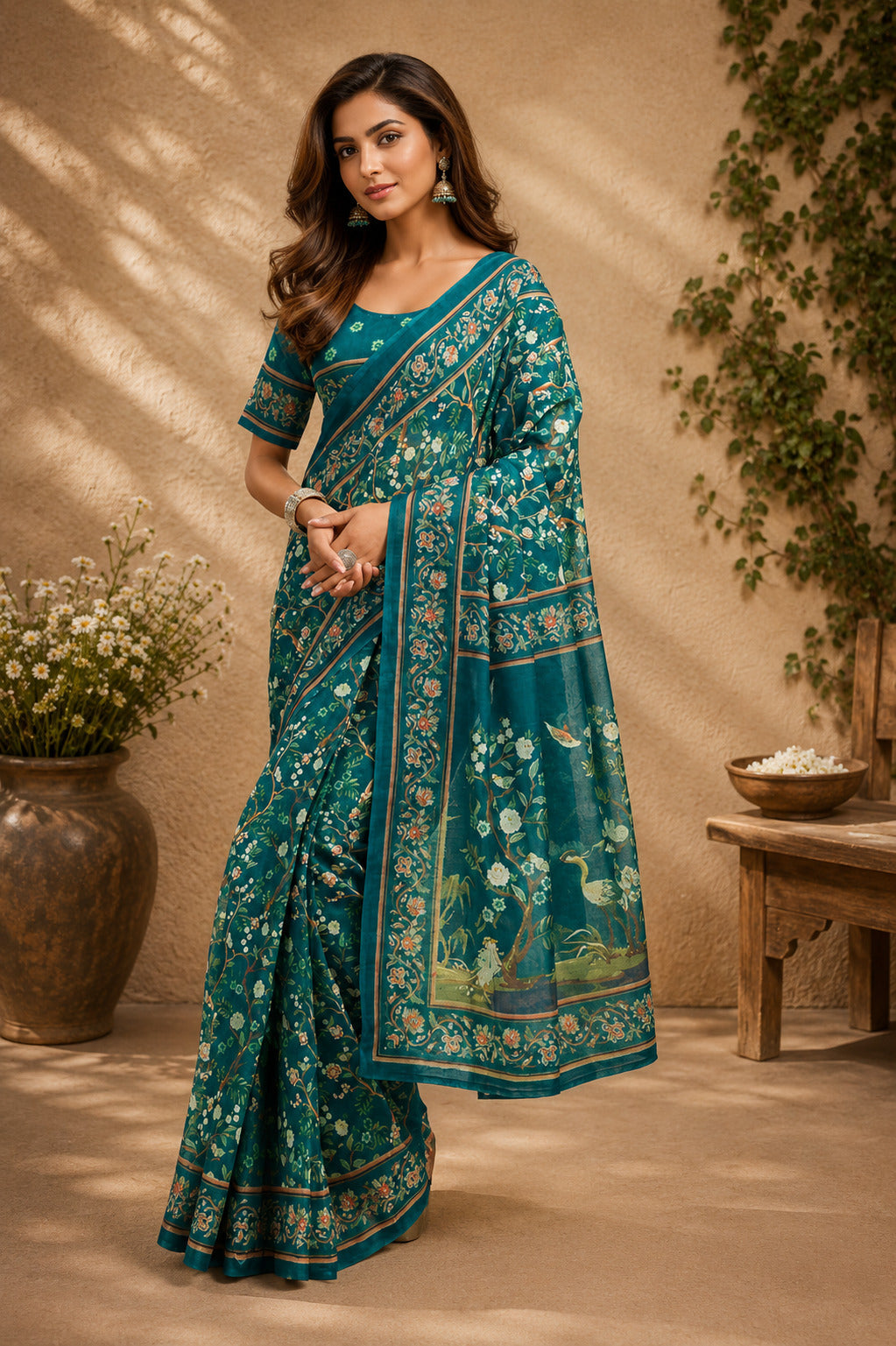 Teal Blue Printed Chanderi Cotton Ready To Wear Saree