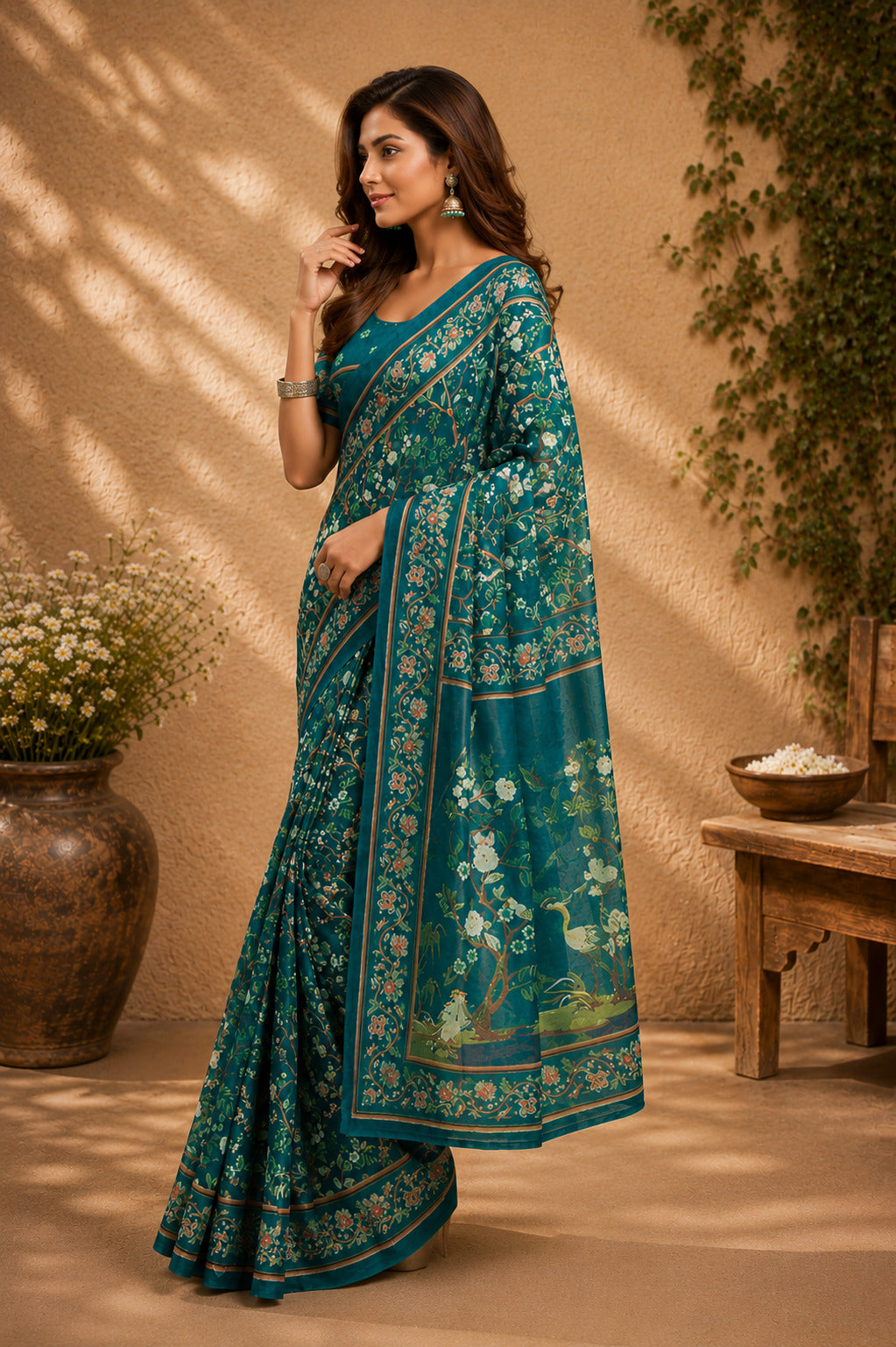 Teal Blue Printed Chanderi Cotton Ready To Wear Saree