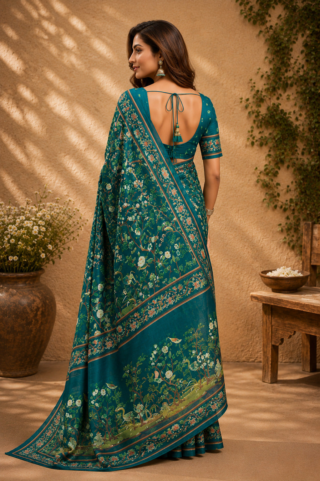 Teal Blue Printed Chanderi Cotton Ready To Wear Saree