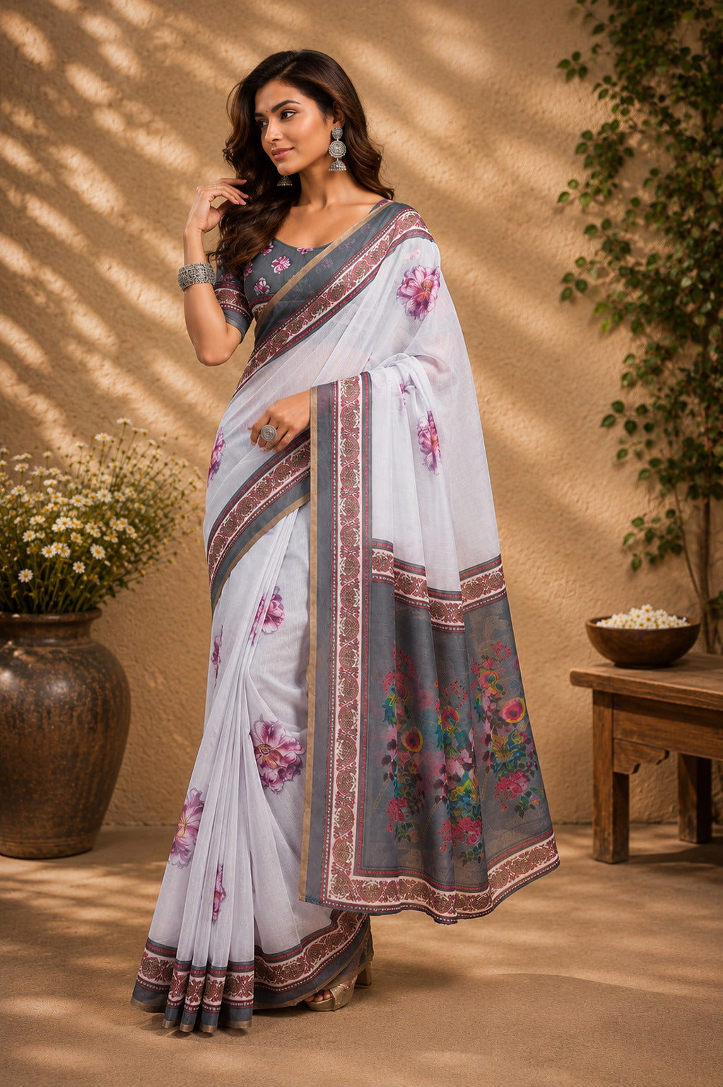 Lavender printed Chanderi Cotton ready-to-wear saree with unstitched blouse