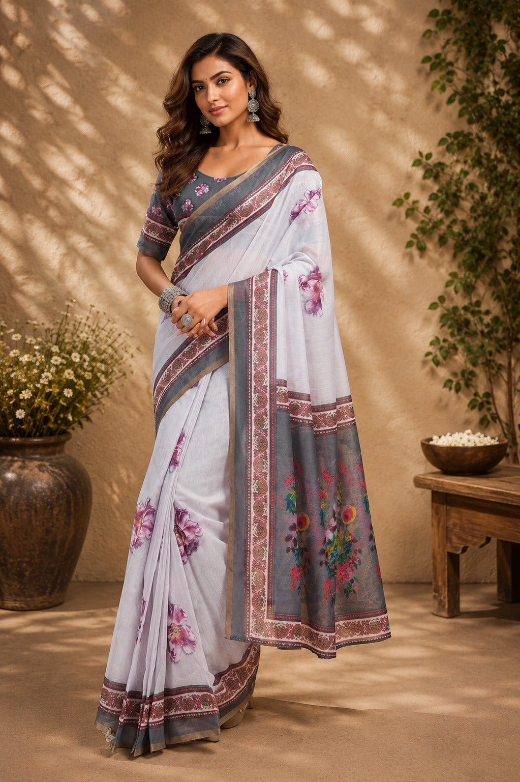 Lavender Ready-to-Wear Printed Chanderi Cotton Saree