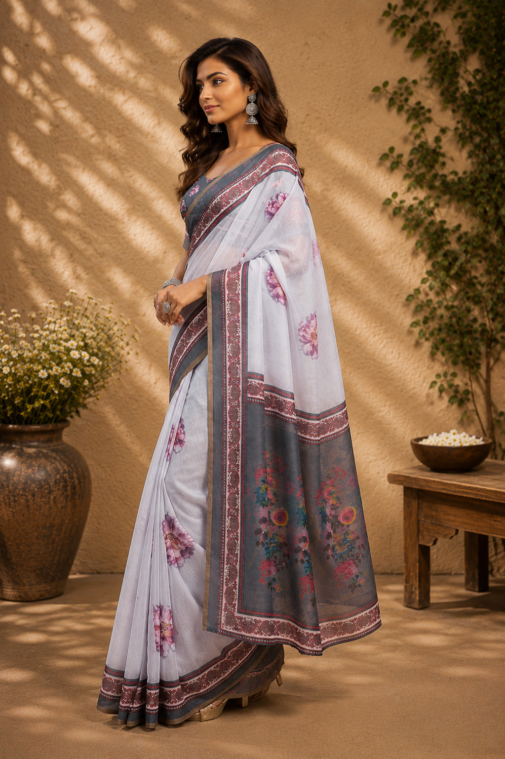 Lavender Ready-to-Wear Printed Chanderi Cotton Saree