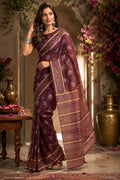 Dark Wine Ready-to-Wear Printed Chanderi Cotton Saree