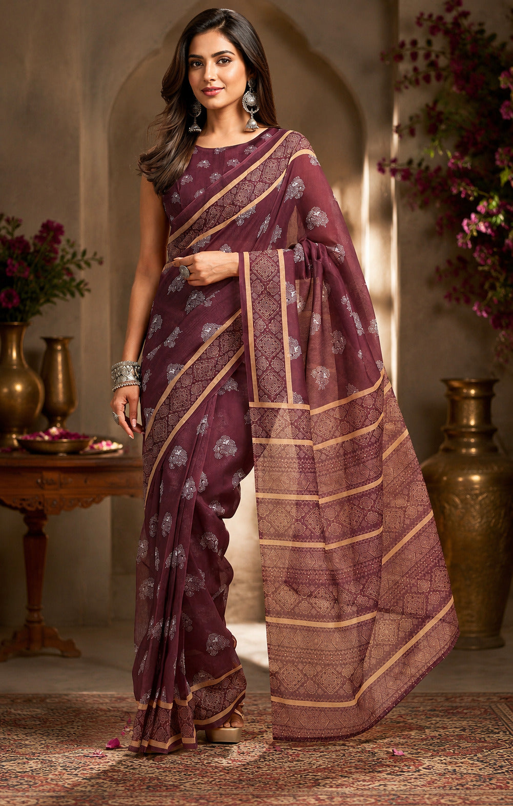 Dark Wine printed Chanderi cotton ready-to-wear saree