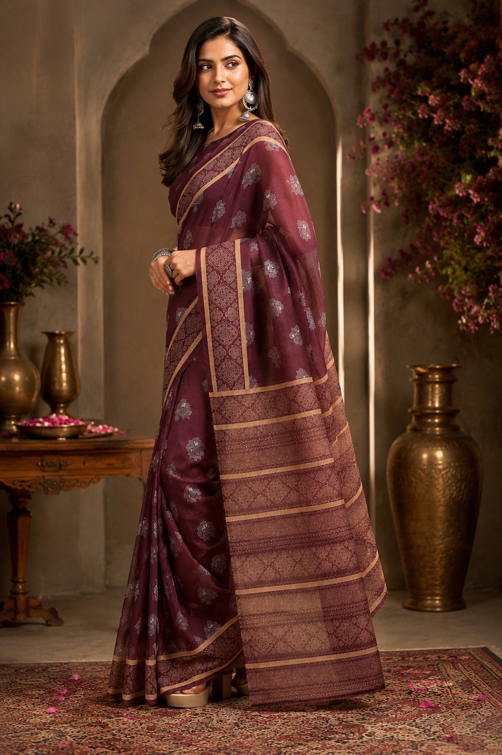 Dark Wine Ready-to-Wear Printed Chanderi Cotton Saree