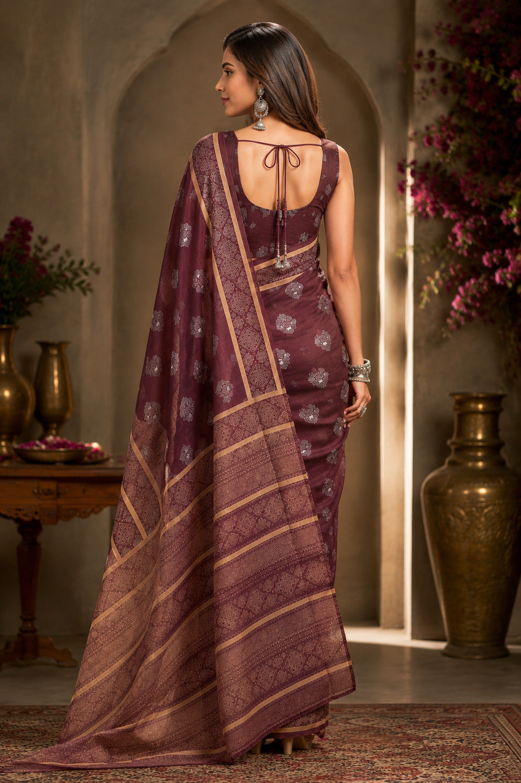 Dark Wine Ready-to-Wear Printed Chanderi Cotton Saree