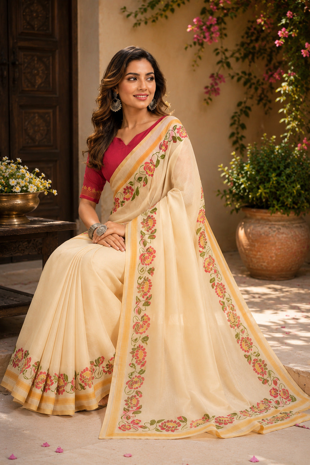 Off-White Printed Ready-To-Wear Chanderi Cotton Saree with Blouse