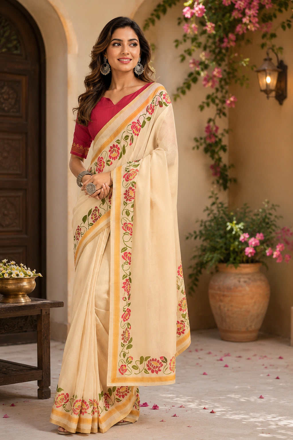 Off-White Printed Ready-To-Wear Chanderi Cotton Saree with Blouse