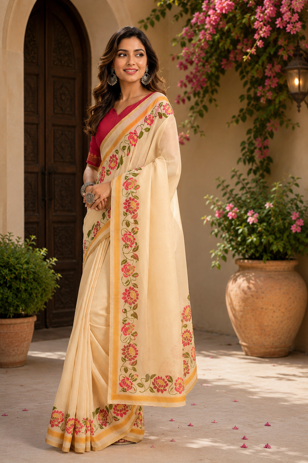 Off-white printed ready-to-wear Chanderi cotton saree with unstitched blouse