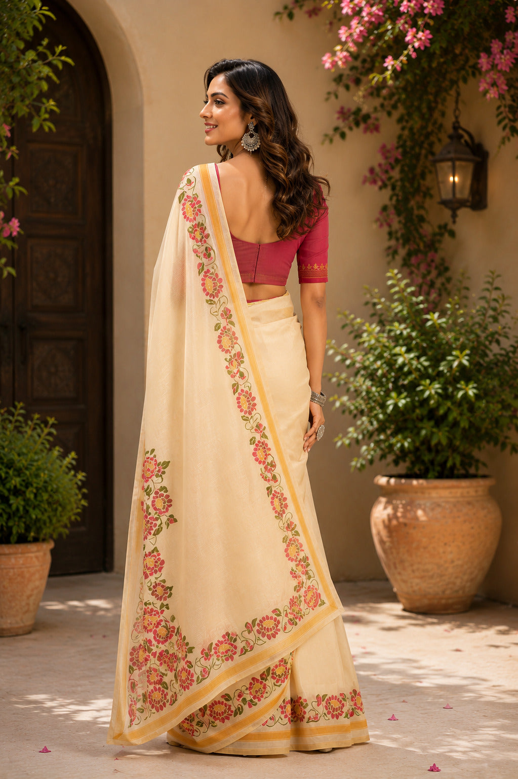 Off-White Printed Ready-To-Wear Chanderi Cotton Saree with Blouse