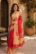 Red Chanderi cotton printed ready-to-wear saree with matching unstitched blouse