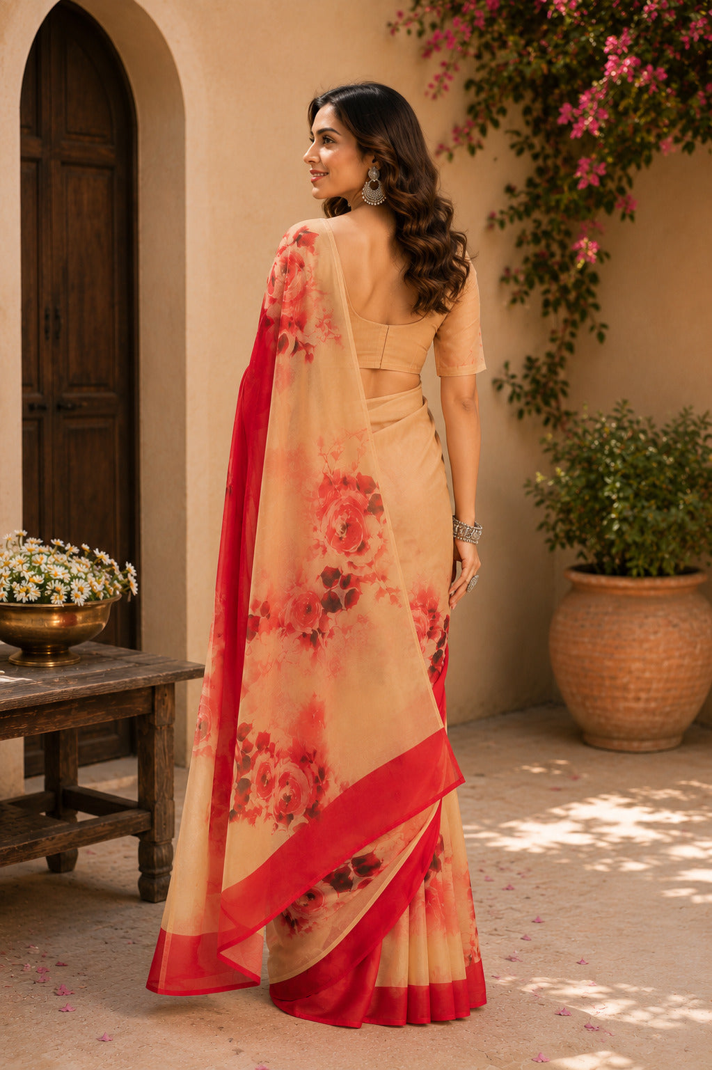 Red Printed Chanderi Cotton Ready to Wear Saree with Unstitched Blouse