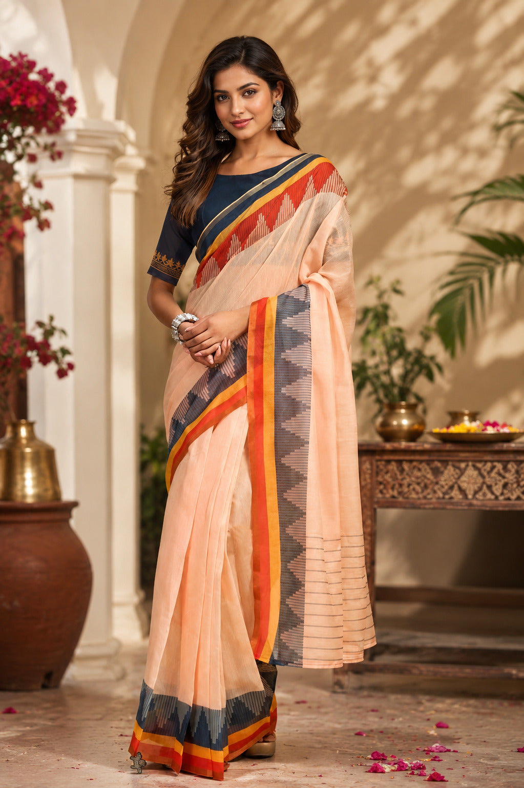 Beige printed chanderi cotton ready-to-wear saree with unstitched blouse