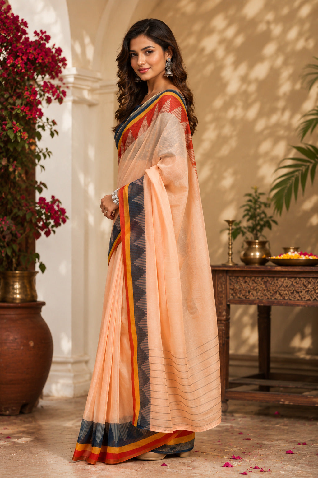 Beige Printed Chanderi Cotton Ready To Wear Saree with Blouse