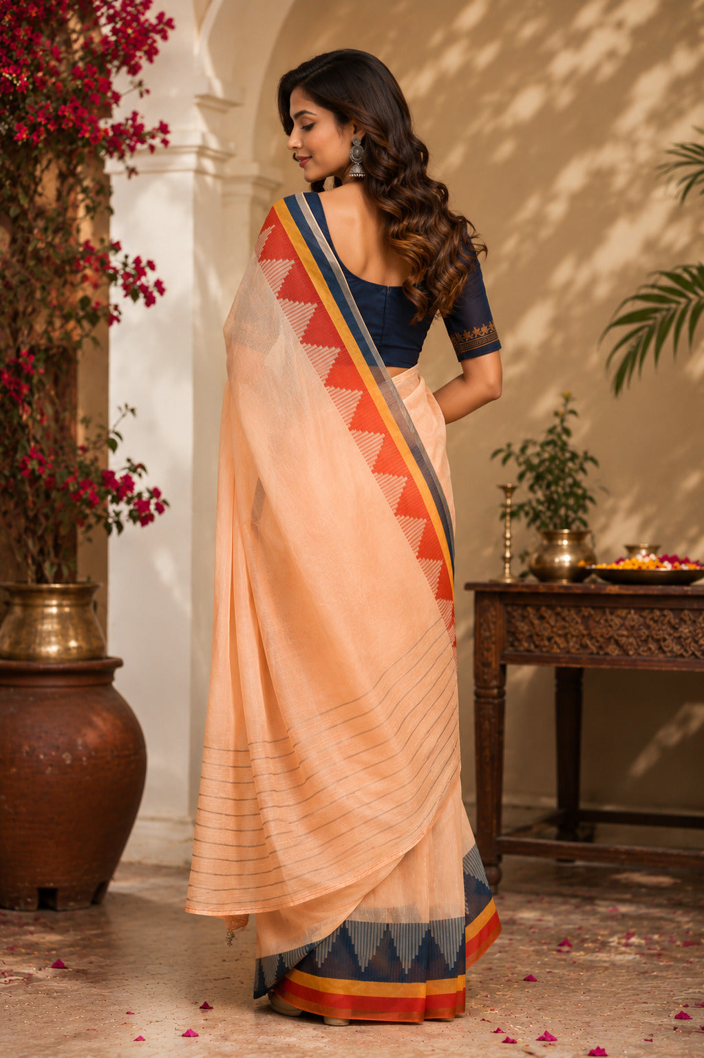Beige Printed Chanderi Cotton Ready To Wear Saree with Blouse