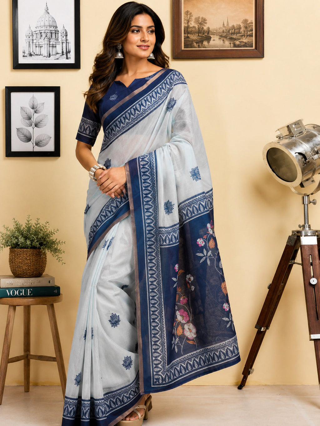 White ready-to-wear Chanderi cotton printed saree