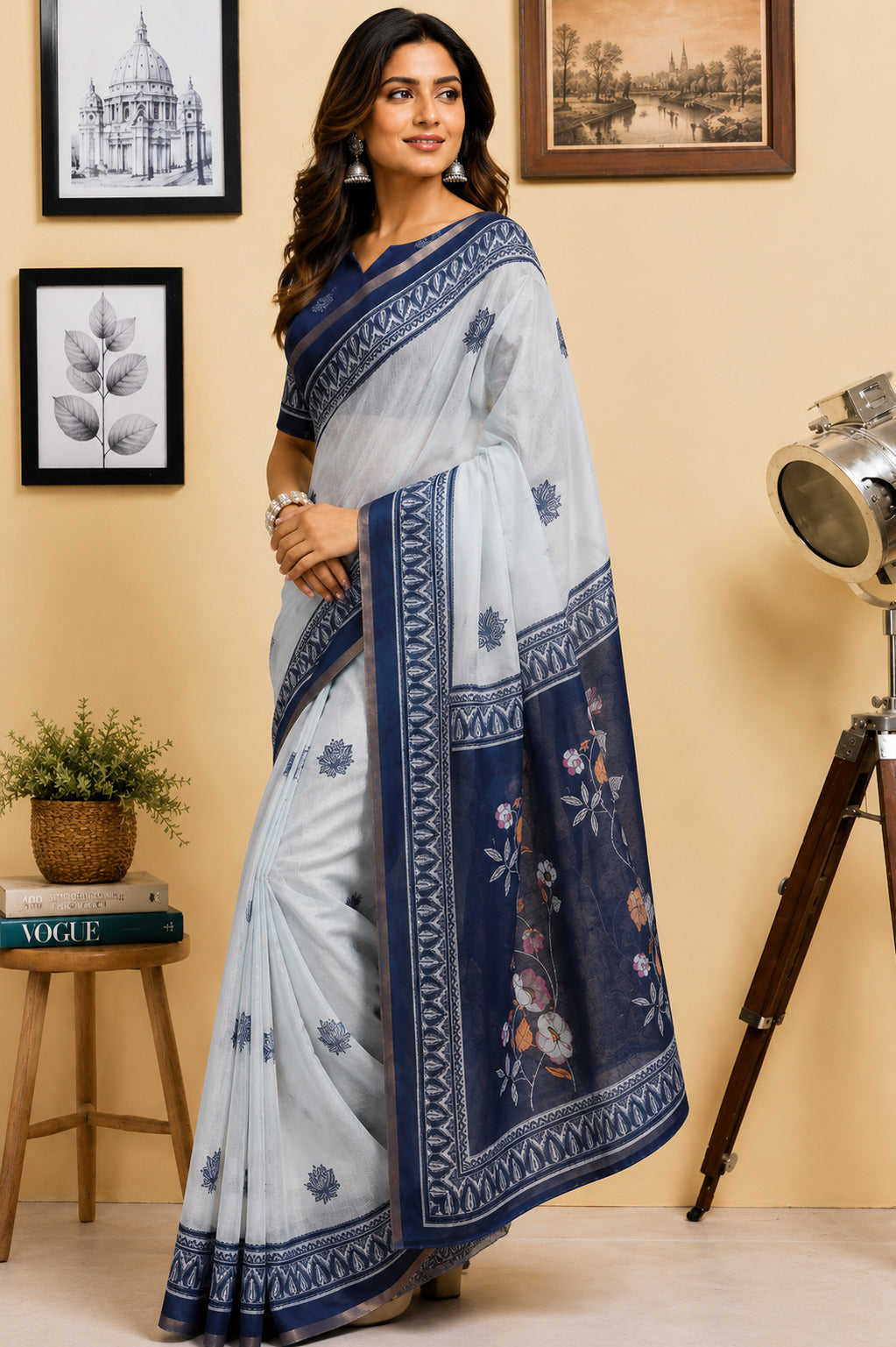 White Ready-to-Wear Printed Chanderi Cotton Saree