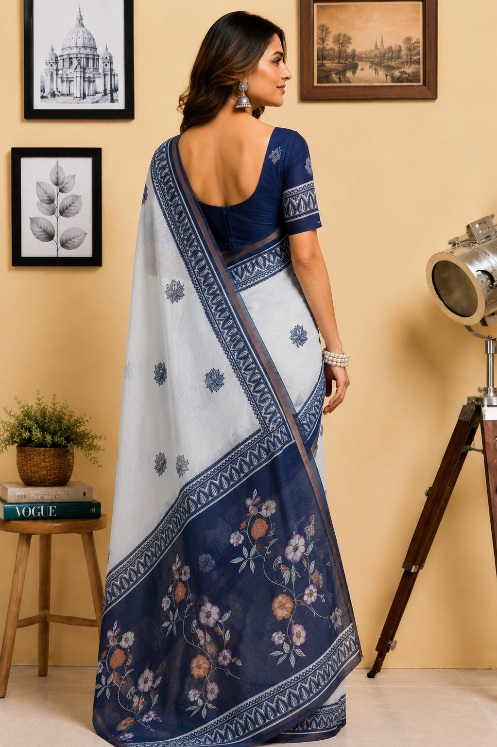 White Ready-to-Wear Printed Chanderi Cotton Saree