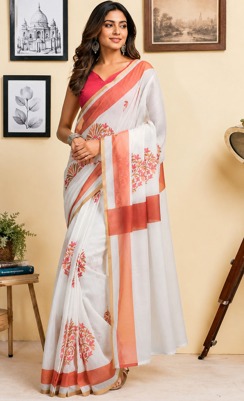 White printed Chanderi cotton ready-to-wear saree with unstitched blouse piece