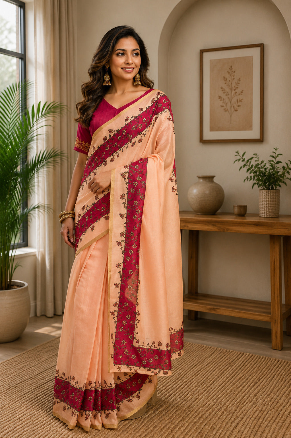 Peach printed ready to wear chanderi cotton saree