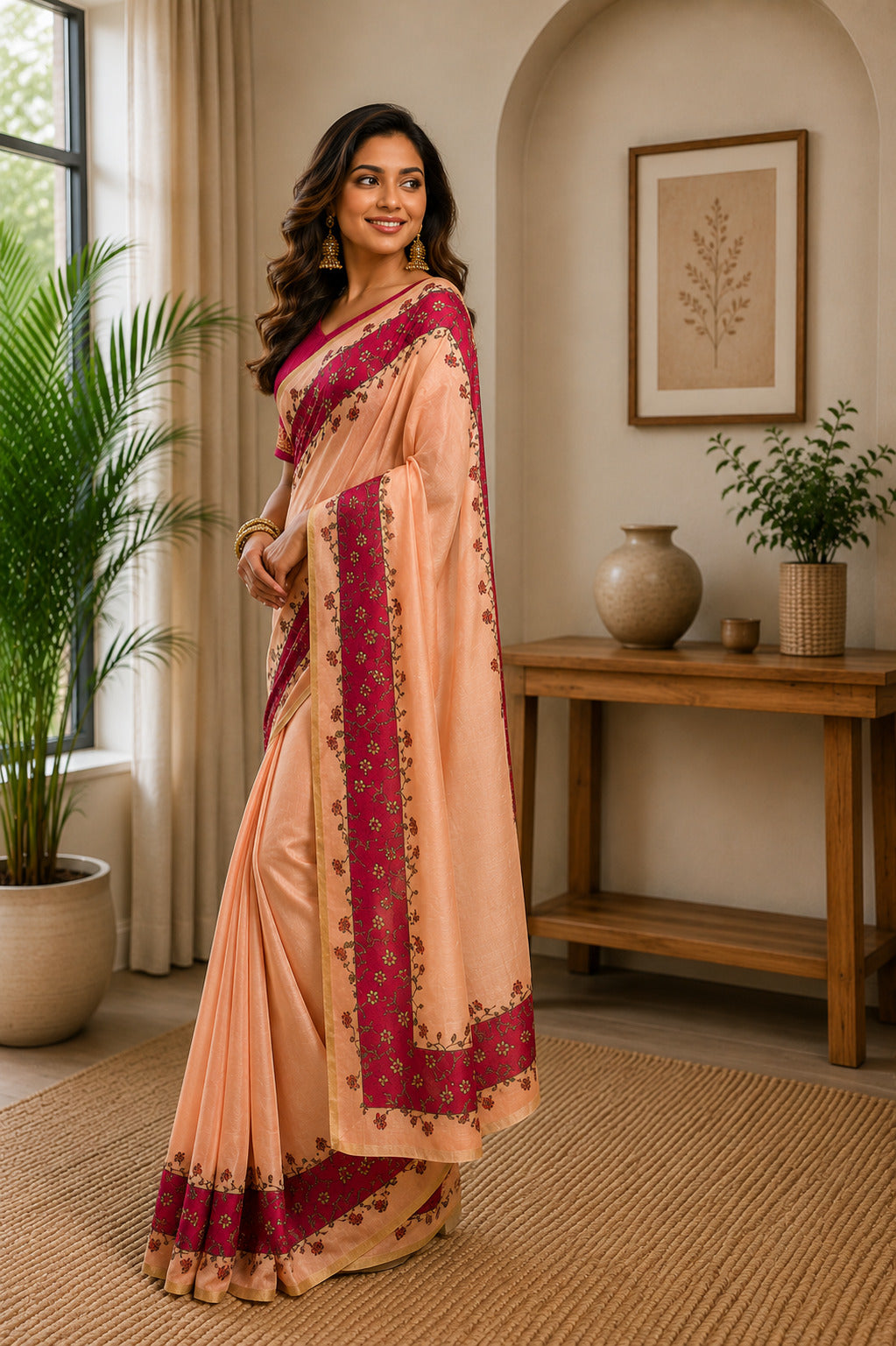 Peach Printed Ready to Wear Chanderi Cotton Saree