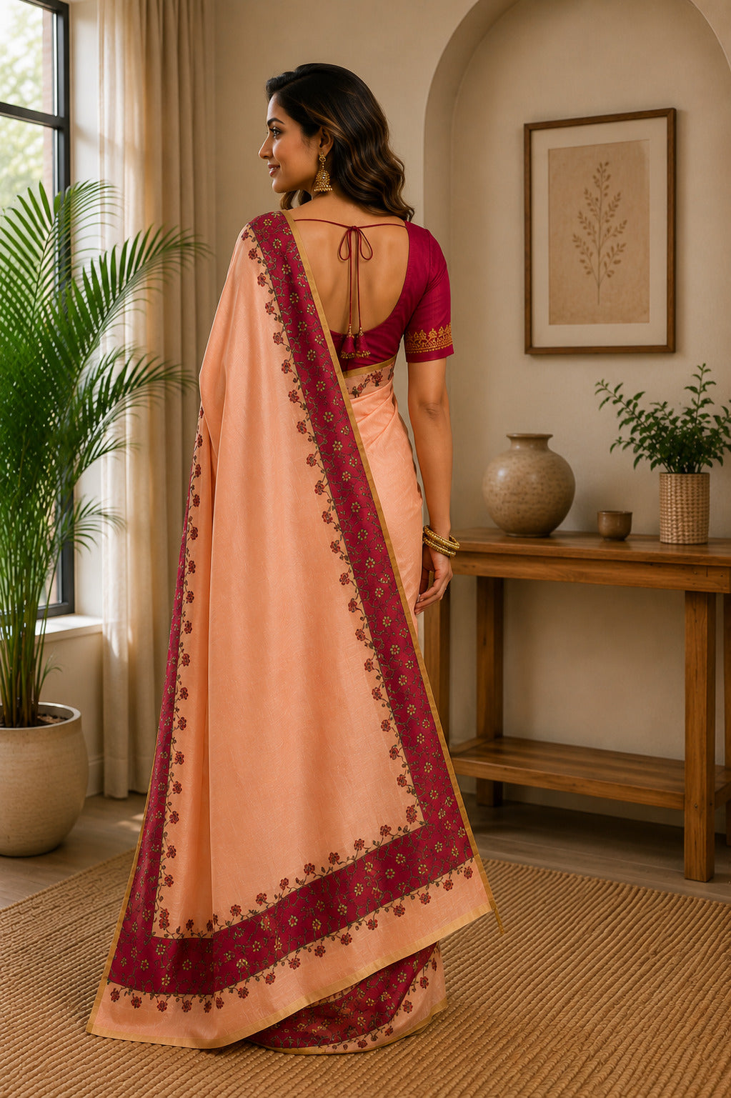 Peach Printed Ready to Wear Chanderi Cotton Saree