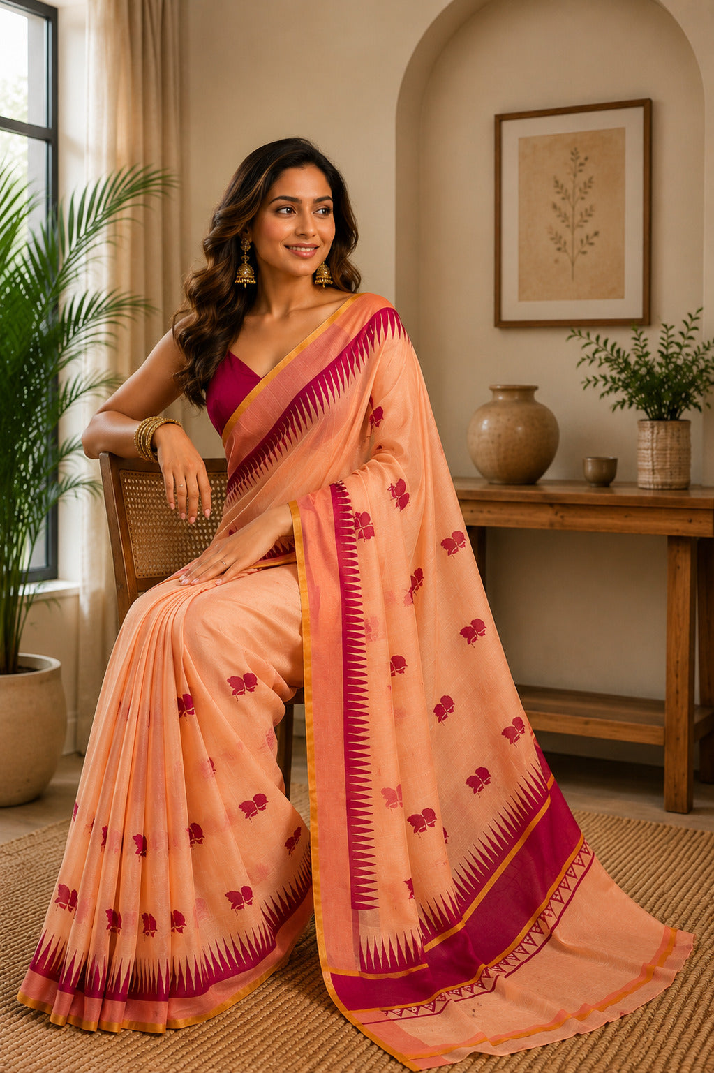 Peach Printed Chanderi Cotton Ready-to-Wear Saree with Blouse